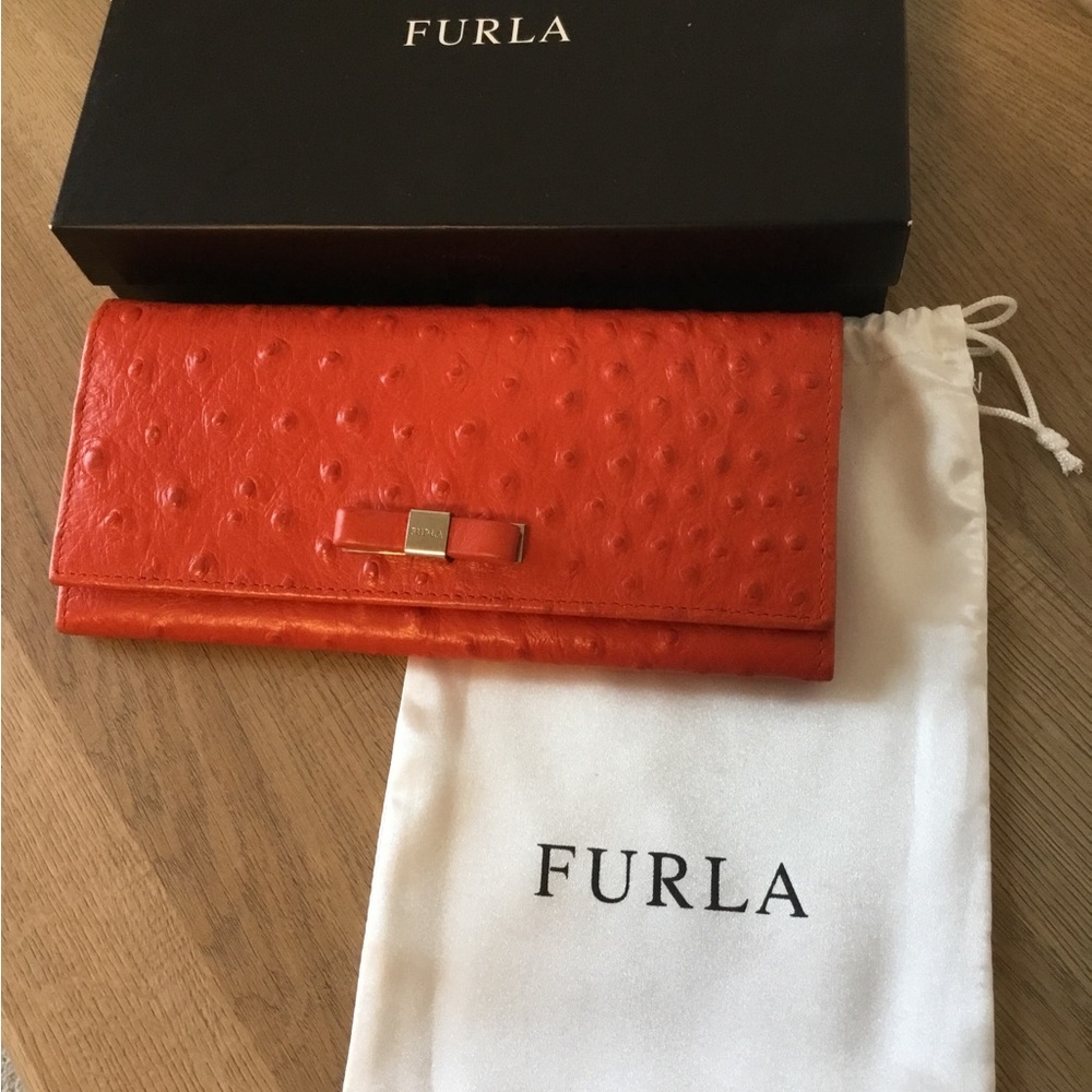 Furla Orange Ostrich-Embossed Leather Babylon Continental Long Wallet (NWOT)
